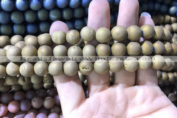 CAA1316 15.5 inches 10mm round matte plated druzy agate beads