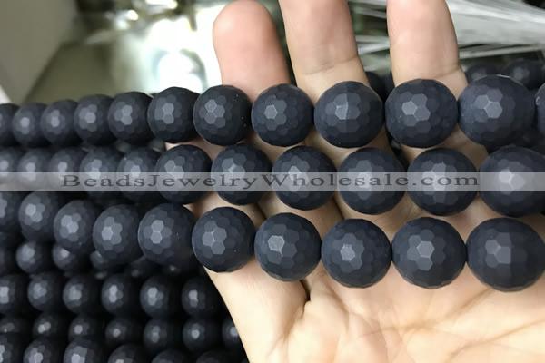 CAA2442 15.5 inches 14mm faceted round matte black agate beads