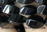 CAA2490 15.5 inches 6*12mm faceted & twisted rice black agate beads