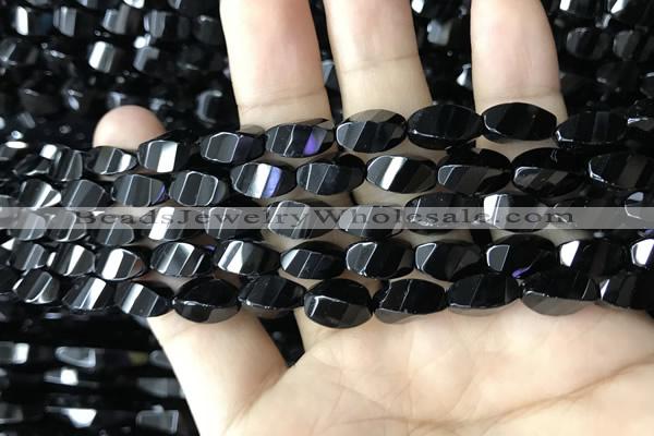 CAA2490 15.5 inches 6*12mm faceted & twisted rice black agate beads