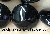 CAA2531 15.5 inches 20mm flat round black agate beads wholesale