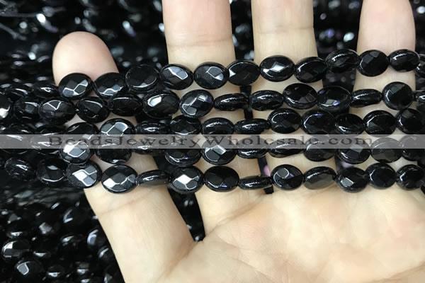 CAA2589 15.5 inches 6*8mm faceted oval black agate beads wholesale