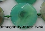 CAA339 15.5 inches 35mm faceted coin green line agate beads