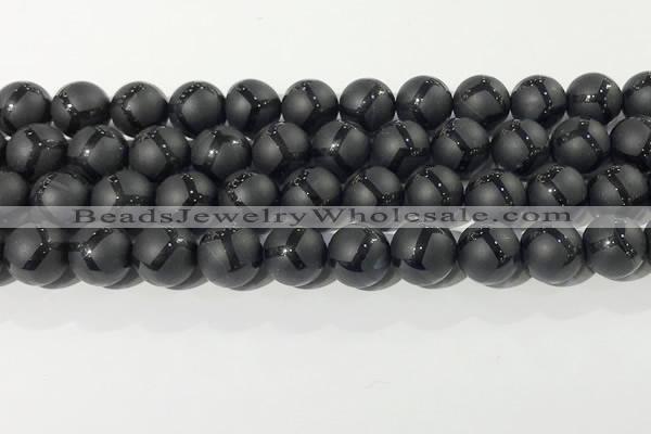 CAA3657 15.5 inches 10mm round matte & carved black agate beads