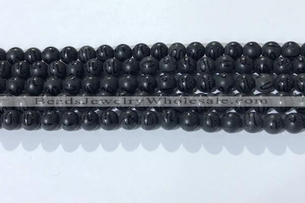 CAA3660 15.5 inches 6mm round matte & carved black agate beads