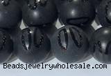 CAA3662 15.5 inches 10mm round matte & carved black agate beads