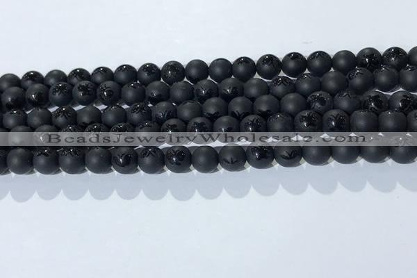 CAA3665 15.5 inches 6mm round matte & carved black agate beads