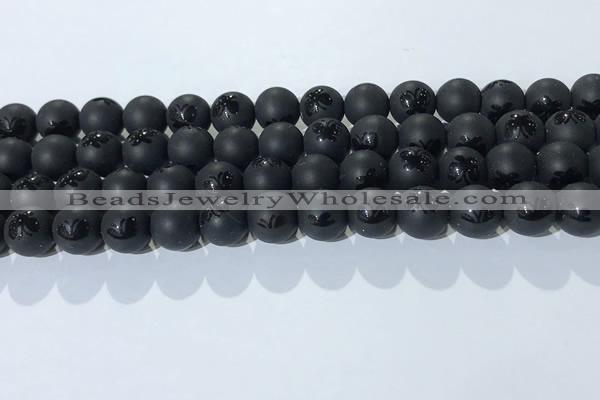 CAA3666 15.5 inches 8mm round matte & carved black agate beads