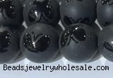 CAA3667 15.5 inches 10mm round matte & carved black agate beads