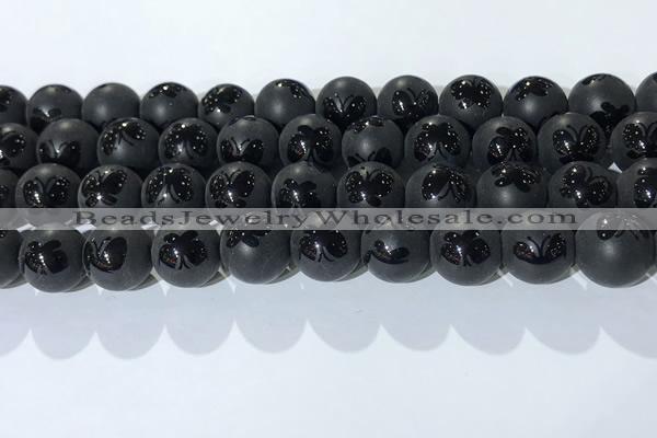 CAA3668 15.5 inches 12mm round matte & carved black agate beads