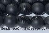 CAA3670 15.5 inches 6mm round matte & carved black agate beads