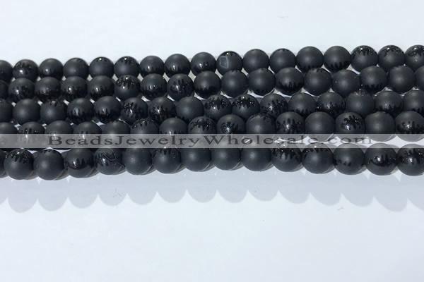 CAA3670 15.5 inches 6mm round matte & carved black agate beads