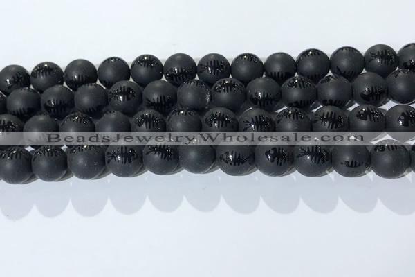 CAA3672 15.5 inches 10mm round matte & carved black agate beads