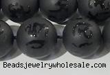 CAA3677 15.5 inches 10mm round matte & carved black agate beads