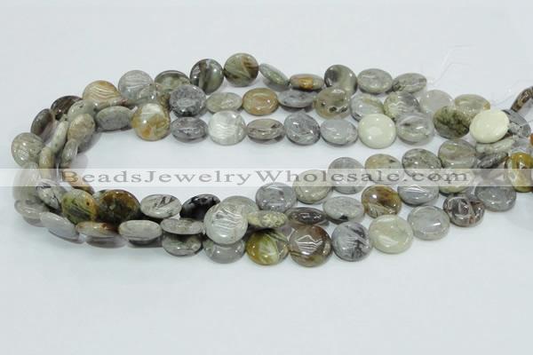 CAB75 15.5 inches 15mm flat round silver needle agate gemstone beads