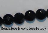 CAB809 15.5 inches 12mm faceted coin black gemstone agate beads