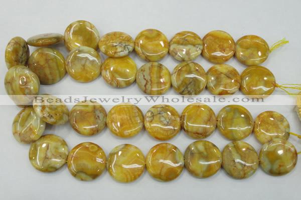 CAB945 15.5 inches 25mm flat round yellow crazy lace agate beads