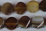 CAG3151 15.5 inches 14mm twisted coin brown line agate beads