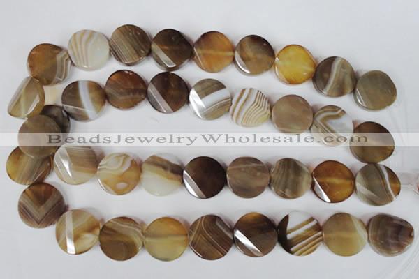 CAG3160 15.5 inches 20mm faceted & twisted coin brown line agate beads