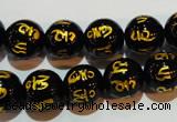 CAG3374 15.5 inches 12mm carved round black agate beads wholesale