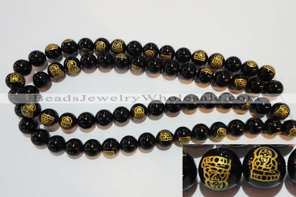 CAG3387 15.5 inches 14mm carved round black agate beads wholesale