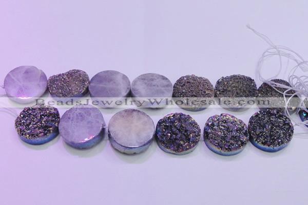 CAG8414 7.5 inches 35mm coin rainbow plated druzy agate beads