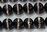 CAG8630 15.5 inches 8mm round black agate with rhinestone beads