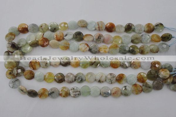 CAQ367 15.5 inches 12mm faceted coin natural aquamarine beads