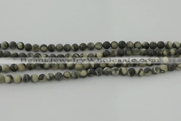 CBW161 15.5 inches 6mm round matte black fossil jasper beads