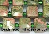 CCU1316 15 inches 7mm - 8mm faceted cube unakite beads