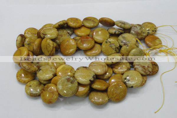 CFA44 15.5 inches 25mm flat round yellow chrysanthemum agate beads