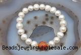 CFB1017 9mm - 10mm potato white freshwater pearl & fire agate stretchy bracelet