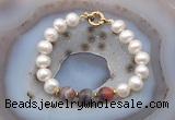 CFB1032 Hand-knotted 9mm - 10mm potato white freshwater pearl & botswana agate bracelet