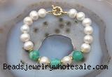 CFB1033 Hand-knotted 9mm - 10mm potato white freshwater pearl & peafowl agate bracelet