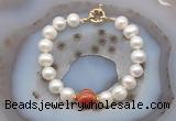 CFB1039 Hand-knotted 9mm - 10mm potato white freshwater pearl & red banded agate bracelet