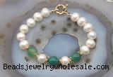 CFB1040 Hand-knotted 9mm - 10mm potato white freshwater pearl & green banded agate bracelet