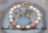 CFB1045 Hand-knotted 9mm - 10mm potato white freshwater pearl & pink wooden jasper bracelet