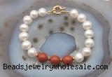 CFB1046 Hand-knotted 9mm - 10mm potato white freshwater pearl & red jasper bracelet