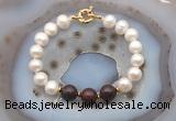 CFB1047 Hand-knotted 9mm - 10mm potato white freshwater pearl & brecciated jasper bracelet