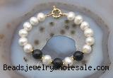 CFB1057 Hand-knotted 9mm - 10mm potato white freshwater pearl & black obsidian bracelet