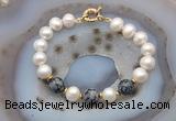 CFB1058 Hand-knotted 9mm - 10mm potato white freshwater pearl & snowflake obsidian bracelet