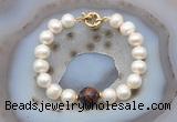 CFB1059 Hand-knotted 9mm - 10mm potato white freshwater pearl & mahogany obsidian bracelet