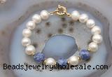 CFB1063 Hand-knotted 9mm - 10mm potato white freshwater pearl & blue spot stone bracelet