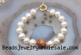 CFB1068 Hand-knotted 9mm - 10mm potato white freshwater pearl & picasso jasper bracelet