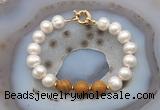 CFB1069 Hand-knotted 9mm - 10mm potato white freshwater pearl & wooden jasper bracelet