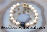 CFB1072 Hand-knotted 9mm - 10mm potato white freshwater pearl & blue tiger eye bracelet