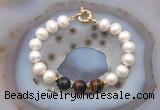 CFB1073 Hand-knotted 9mm - 10mm potato white freshwater pearl & mixed tiger eye bracelet