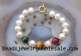 CFB1074 Hand-knotted 9mm - 10mm potato white freshwater pearl & colorful tiger eye bracelet