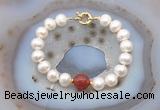 CFB1078 Hand-knotted 9mm - 10mm potato white freshwater pearl & red agate bracelet