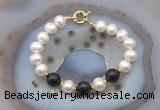 CFB1079 Hand-knotted 9mm - 10mm potato white freshwater pearl & black agate bracelet